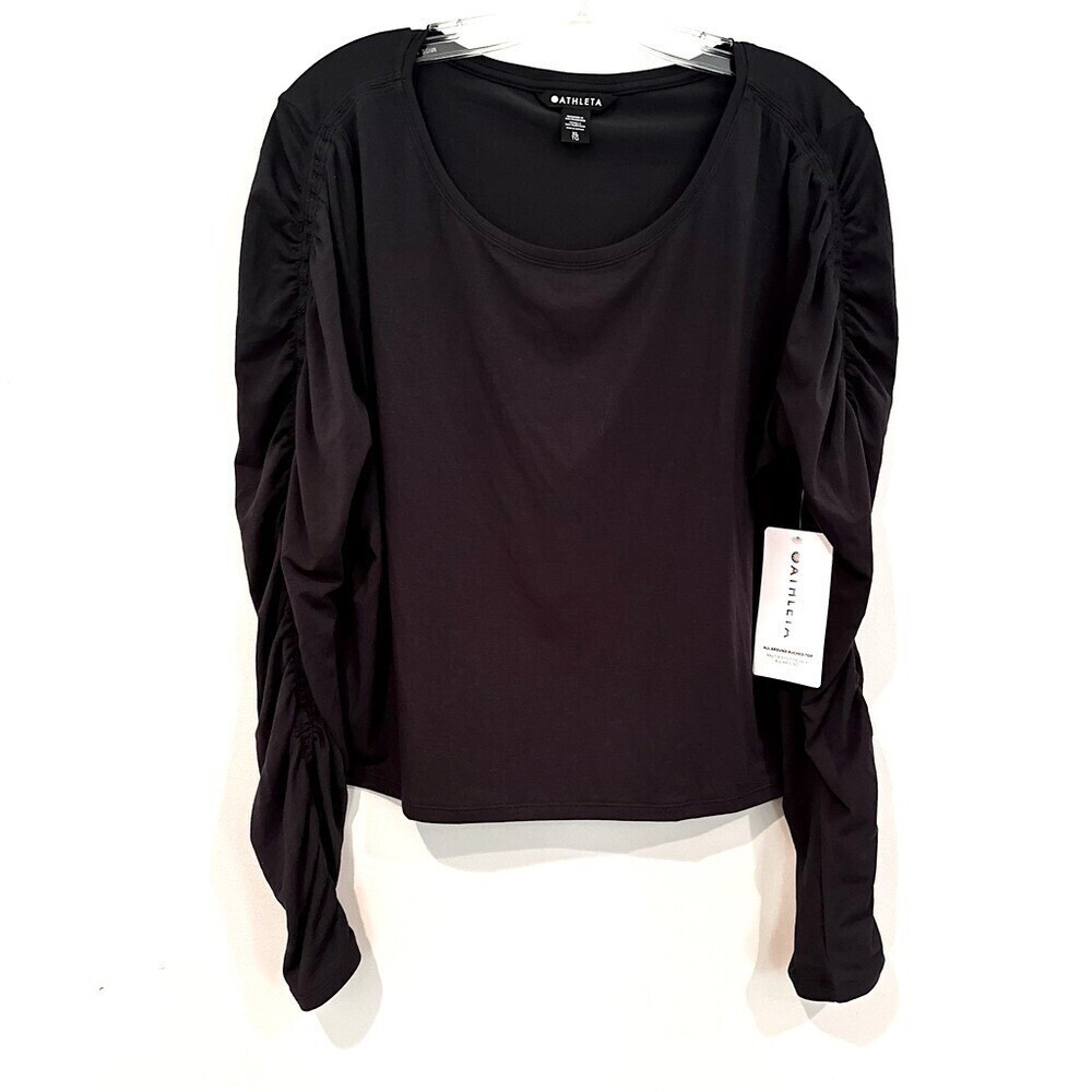 Athleta All Around Ruched Tshirt Long Sleeve Cropped Women's Medium Black Casual - Picture 3 of 8
